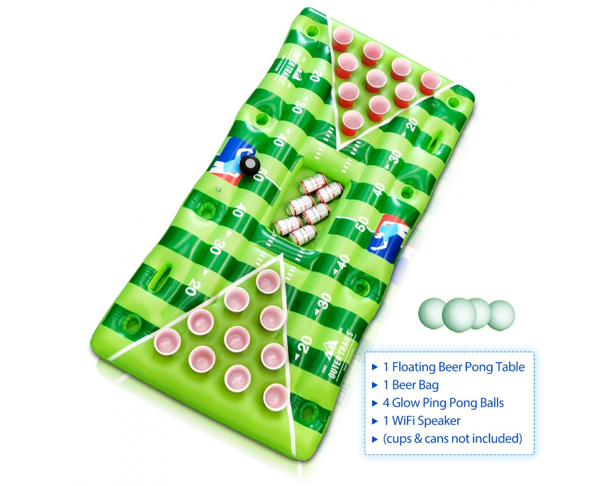 Outer Trails Inflatable Beer Pong Table and Pool Float with WiFi Speaker, 4 Ping Pong Balls, and Detachable Cooler Cover