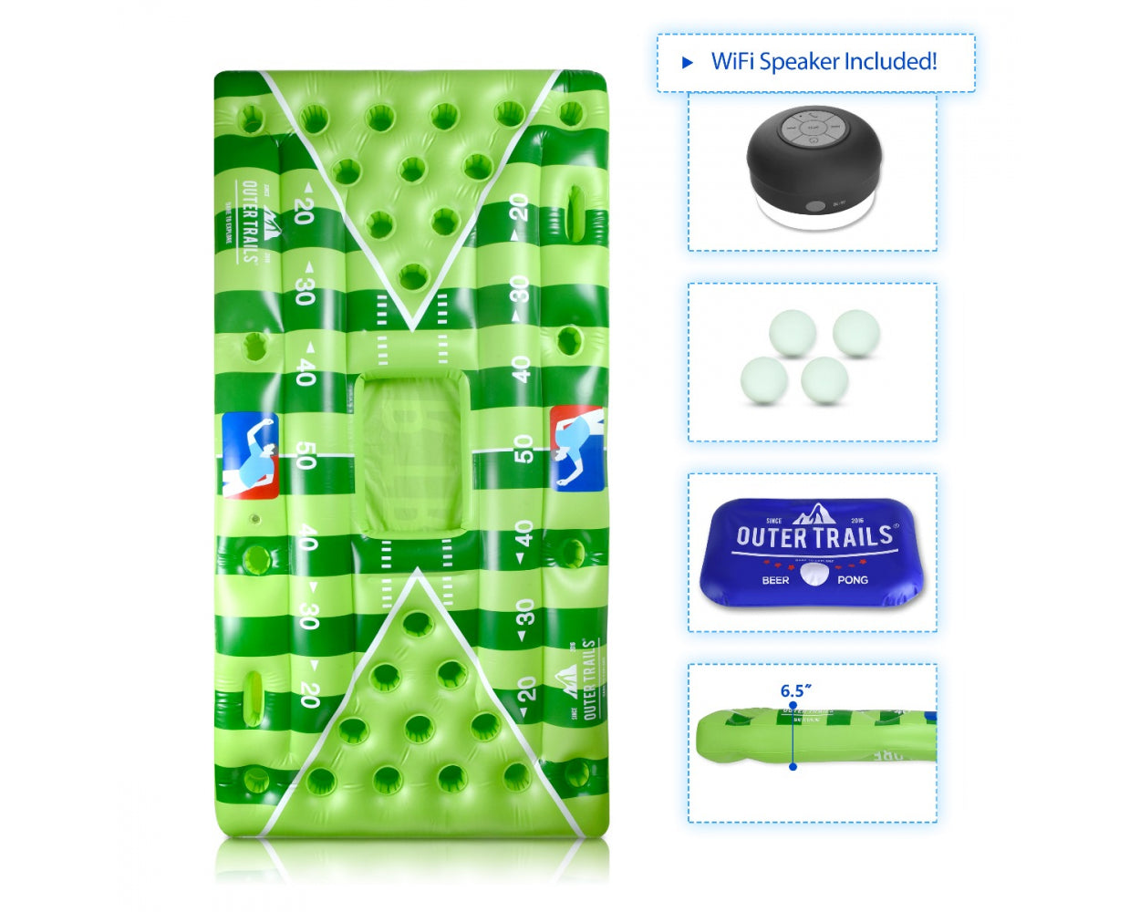 Outer Trails Inflatable Beer Pong Table and Pool Float with WiFi Speaker, 4 Ping Pong Balls, and Detachable Cooler Cover