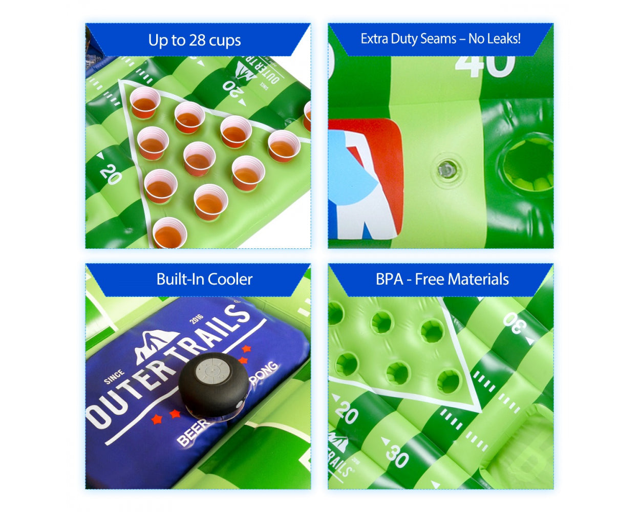 Outer Trails Inflatable Beer Pong Table and Pool Float with WiFi Speaker, 4 Ping Pong Balls, and Detachable Cooler Cover