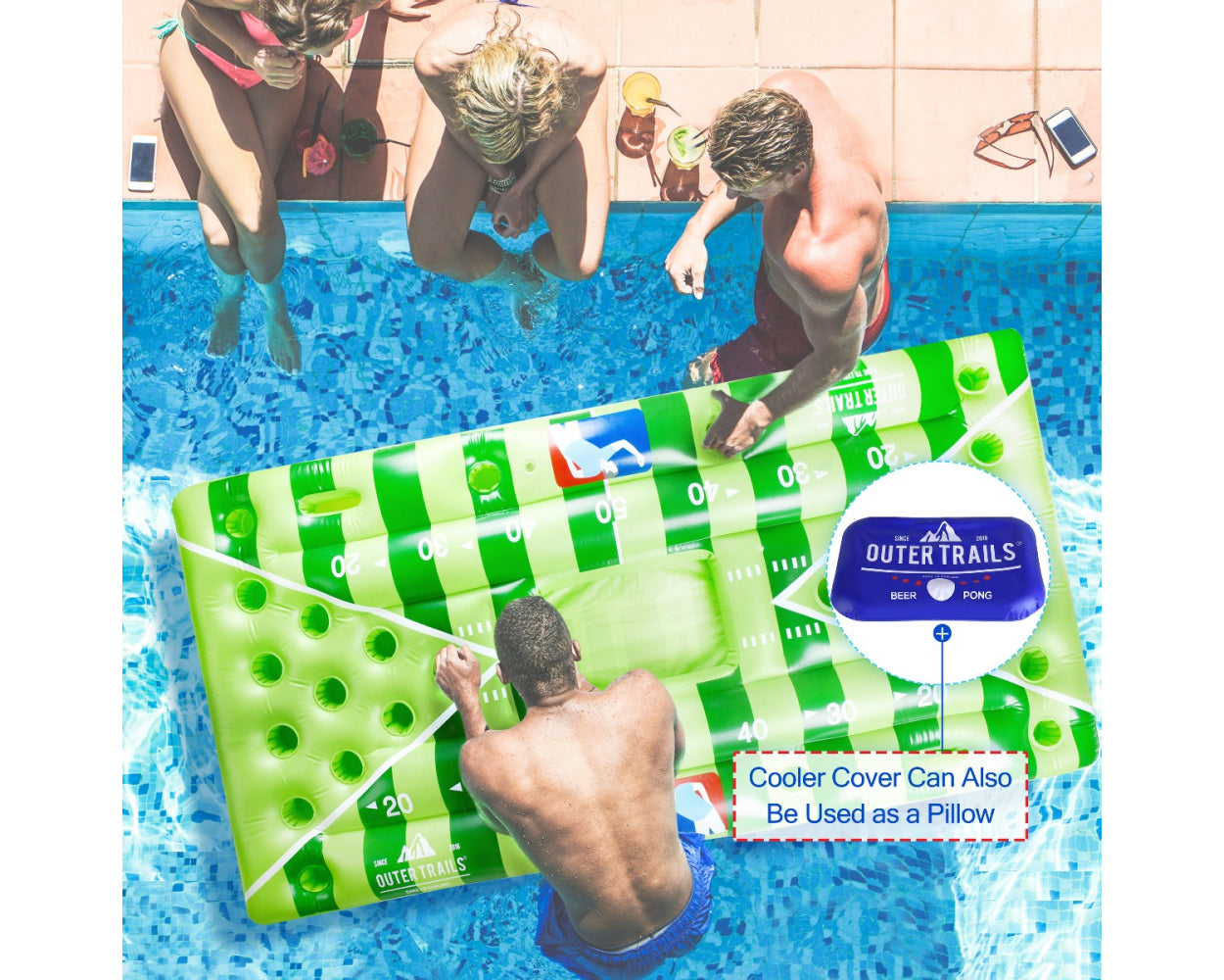 Outer Trails Inflatable Beer Pong Table and Pool Float with WiFi Speaker, 4 Ping Pong Balls, and Detachable Cooler Cover